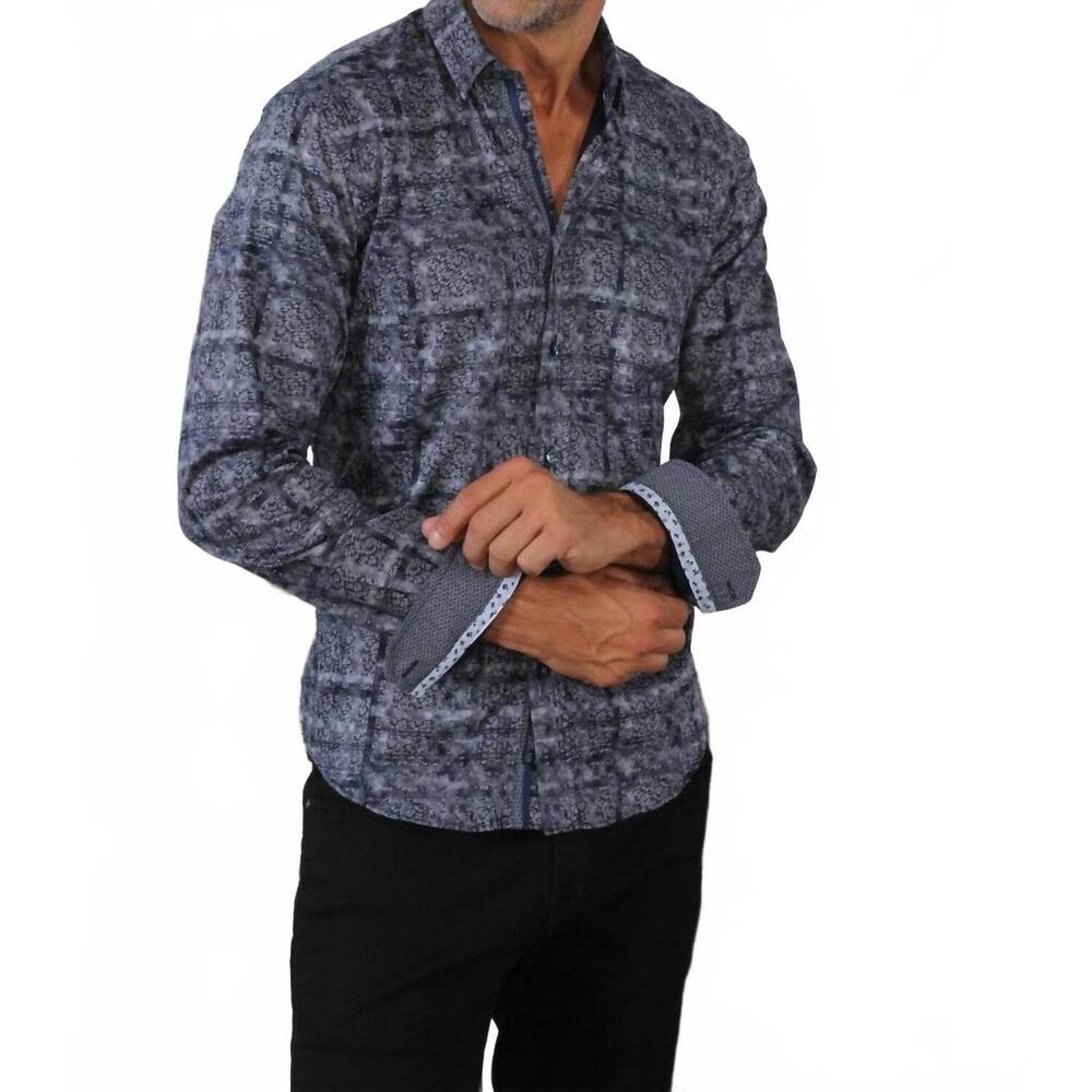 NEW EIGHT X static print button down shirt with trim in navy